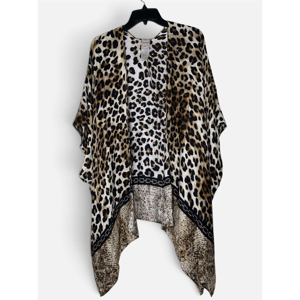 Chico's Leopard Fusion Ruana Poncho Duster Kimono One Size Boho Brown Summer NWT